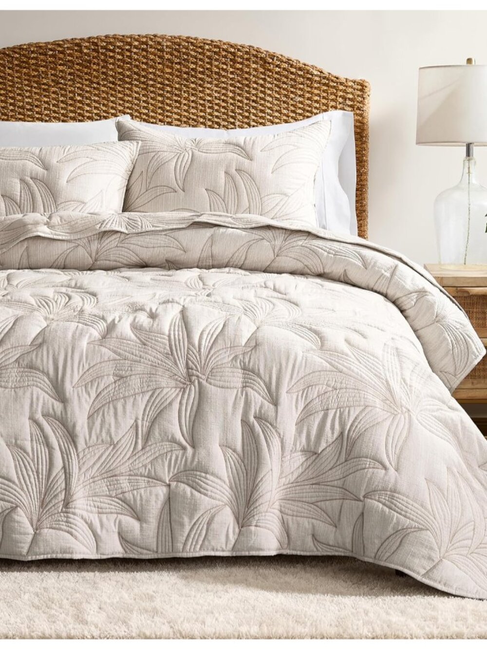 Beige Leaf Embroidered Quilt Set, Queen Size, Lightweight, 3 Pieces